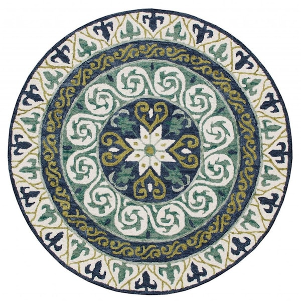 Homeroots 5 ft. Round Blue & Green Ornate Medallion Area Rug 396263 - main